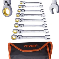 VEVOR Flex-Head Ratcheting Wrench Set, 8-piece Combination Wrench Set with Roll-up Pouch, Cr-V Steel Flexible Ratcheting Wrench Set Metric 8 mm to 17 mm, Ideal for General Household, Auto Repairs