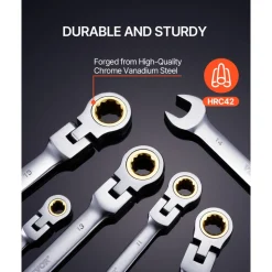 VEVOR Flex-Head Ratcheting Wrench Set, 8-piece Combination Wrench Set with Roll-up Pouch, Cr-V Steel Flexible Ratcheting Wrench Set Metric 8 mm to 17 mm, Ideal for General Household, Auto Repairs