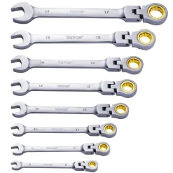 VEVOR Flex-Head Ratcheting Wrench Set, 8-piece Combination Wrench Set with Roll-up Pouch, Cr-V Steel Flexible Ratcheting Wrench Set Metric 8 mm to 17 mm, Ideal for General Household, Auto Repairs