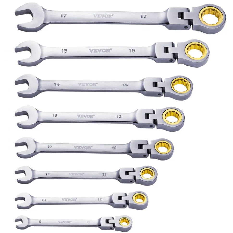 VEVOR Flex-Head Ratcheting Wrench Set, 8-piece Combination Wrench Set with Roll-up Pouch, Cr-V Steel Flexible Ratcheting Wrench Set Metric 8 mm to 17 mm, Ideal for General Household, Auto Repairs