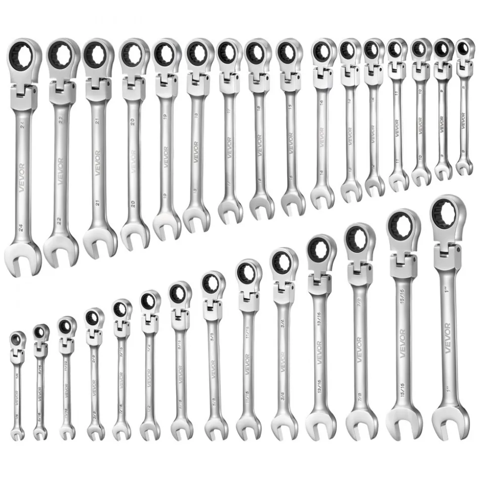 VEVOR Flex-Head Ratcheting Wrench Set, 30-Piece SAE and Metric, 72 Teeth, Cr-V Steel Ratchet Flexible Combination Wrench Set with Roll Up Pouch, for General Household and Automotive Repairs, Silver
