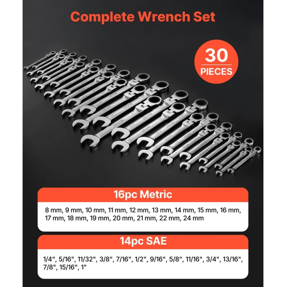 VEVOR Flex-Head Ratcheting Wrench Set, 30-Piece SAE and Metric, 72 Teeth, Cr-V Steel Ratchet Flexible Combination Wrench Set with Roll Up Pouch, for General Household and Automotive Repairs, Silver