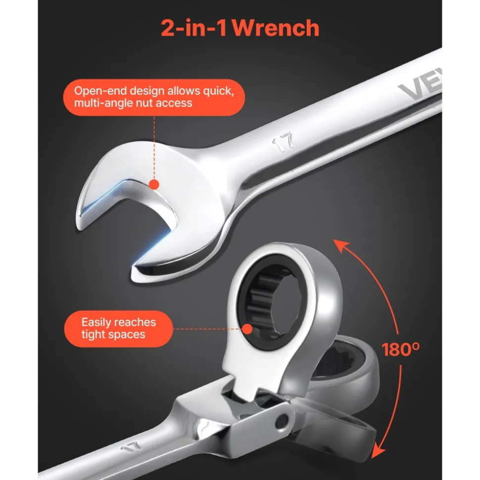 VEVOR Flex-Head Ratcheting Wrench Set, 30-Piece SAE and Metric, 72 Teeth, Cr-V Steel Ratchet Flexible Combination Wrench Set with Roll Up Pouch, for General Household and Automotive Repairs, Silver