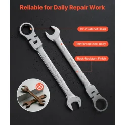 VEVOR Flex-Head Ratcheting Wrench Set, 30-Piece SAE and Metric, 72 Teeth, Cr-V Steel Ratchet Flexible Combination Wrench Set with Roll Up Pouch, for General Household and Automotive Repairs, Silver