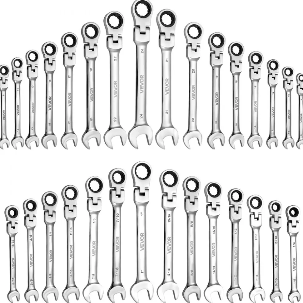 VEVOR Flex-Head Ratcheting Wrench Set, 30-Piece SAE and Metric, 72 Teeth, Cr-V Steel Ratchet Flexible Combination Wrench Set with Roll Up Pouch, for General Household and Automotive Repairs, Silver