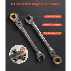 VEVOR Flex-Head Ratcheting Wrench Set, 12-Piece SAE Sizes, 72 Teeth, Cr-V Steel Ratchet Flexible Combination Wrench Set with Roll Up Pouch, for General Household and Automotive Repairs, Gray Nickel