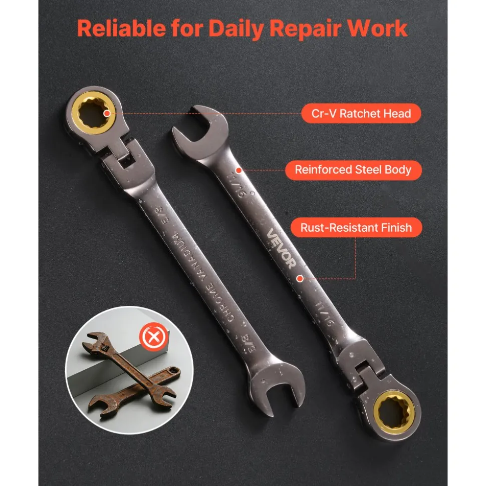 VEVOR Flex-Head Ratcheting Wrench Set, 12-Piece SAE Sizes, 72 Teeth, Cr-V Steel Ratchet Flexible Combination Wrench Set with Roll Up Pouch, for General Household and Automotive Repairs, Gray Nickel