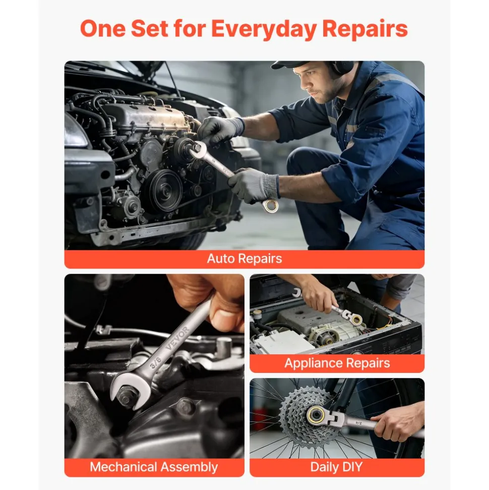 VEVOR Flex-Head Ratcheting Wrench Set, 12-Piece SAE Sizes, 72 Teeth, Cr-V Steel Ratchet Flexible Combination Wrench Set with Roll Up Pouch, for General Household and Automotive Repairs, Gray Nickel