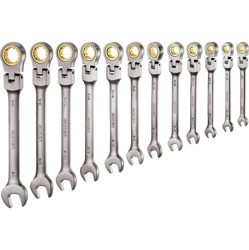 VEVOR Flex-Head Ratcheting Wrench Set, 12-Piece SAE Sizes, 72 Teeth, Cr-V Steel Ratchet Flexible Combination Wrench Set with Roll Up Pouch, for General Household and Automotive Repairs, Gray Nickel