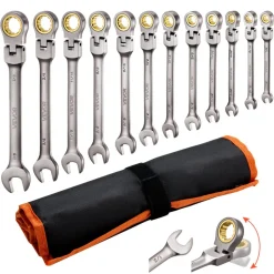 VEVOR Flex-Head Ratcheting Wrench Set, 12-Piece SAE Sizes, 72 Teeth, Cr-V Steel Ratchet Flexible Combination Wrench Set with Roll Up Pouch, for General Household and Automotive Repairs, Gray Nickel