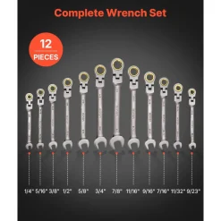 VEVOR Flex-Head Ratcheting Wrench Set, 12-Piece SAE Sizes, 72 Teeth, Cr-V Steel Ratchet Flexible Combination Wrench Set with Roll Up Pouch, for General Household and Automotive Repairs, Gray Nickel