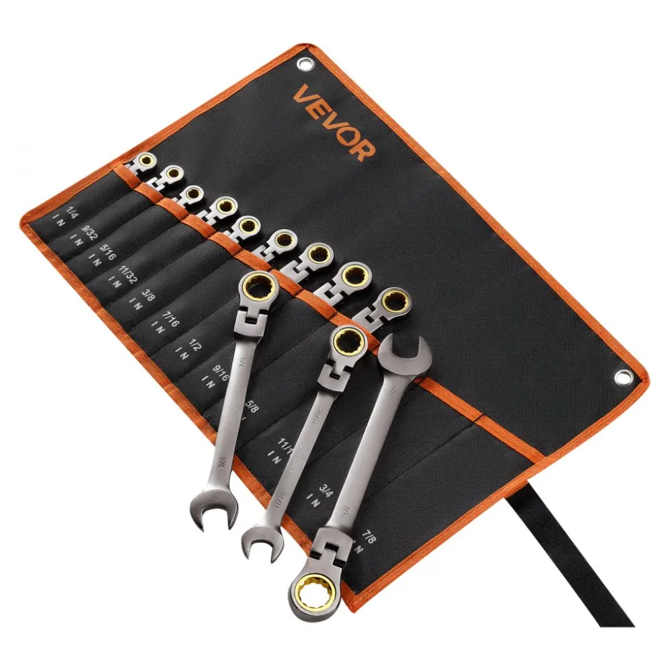 VEVOR Flex-Head Ratcheting Wrench Set, 12-Piece SAE Sizes, 72 Teeth, Cr-V Steel Ratchet Flexible Combination Wrench Set with Roll Up Pouch, for General Household and Automotive Repairs, Gray Nickel