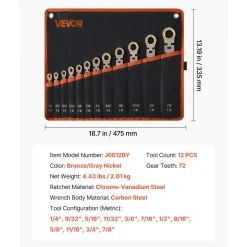 VEVOR Flex-Head Ratcheting Wrench Set, 12-Piece SAE Sizes, 72 Teeth, Cr-V Steel Ratchet Flexible Combination Wrench Set with Roll Up Pouch, for General Household and Automotive Repairs, Gray Nickel