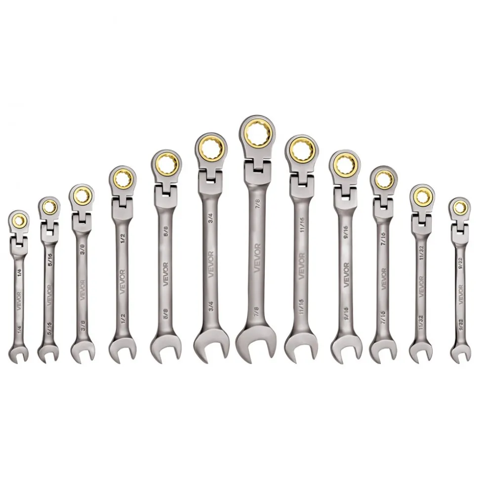 VEVOR Flex-Head Ratcheting Wrench Set, 12-Piece SAE Sizes, 72 Teeth, Cr-V Steel Ratchet Flexible Combination Wrench Set with Roll Up Pouch, for General Household and Automotive Repairs, Gray Nickel
