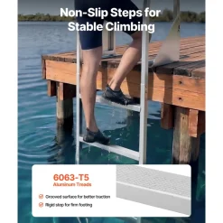 VEVOR Flip-Up Dock Ladder, 4-Step, Heavy-Duty Aluminum Alloy Pontoon Boat Swim Ladder, with Non-Slip Wide Steps, 350 lbs Weight Capacity, Pull Rope Assist, for Lake Swimming, Pool, Marine Boarding