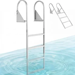 VEVOR Flip-Up Dock Ladder, 4-Step, Heavy-Duty Aluminum Alloy Pontoon Boat Swim Ladder, with Non-Slip Wide Steps, 350 lbs Weight Capacity, Pull Rope Assist, for Lake Swimming, Pool, Marine Boarding