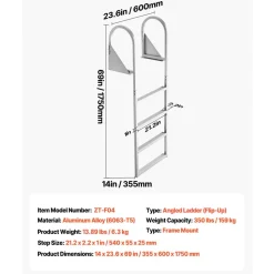 VEVOR Flip-Up Dock Ladder, 4-Step, Heavy-Duty Aluminum Alloy Pontoon Boat Swim Ladder, with Non-Slip Wide Steps, 350 lbs Weight Capacity, Pull Rope Assist, for Lake Swimming, Pool, Marine Boarding