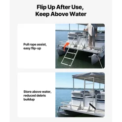 VEVOR Flip-Up Dock Ladder, 4-Step, Heavy-Duty Aluminum Alloy Pontoon Boat Swim Ladder, with Non-Slip Wide Steps, 350 lbs Weight Capacity, Pull Rope Assist, for Lake Swimming, Pool, Marine Boarding