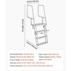 VEVOR Flip-Up Dock Ladder, 4-Step, Heavy-Duty Aluminum Alloy Pontoon Boat Swim Ladder, with Non-Slip Wide Steps, 350 lbs Weight Capacity, Pull Rope Assist, Comfort Use for Lake Pool Marine Boarding