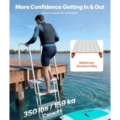VEVOR Flip-Up Dock Ladder, 4-Step, Heavy-Duty Aluminum Alloy Pontoon Boat Swim Ladder, with Non-Slip Wide Steps, 350 lbs Weight Capacity, Pull Rope Assist, Comfort Use for Lake Pool Marine Boarding