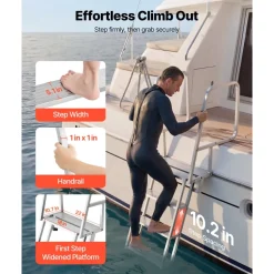 VEVOR Flip-Up Dock Ladder, 5-Step, Heavy-Duty Aluminum Alloy Pontoon Boat Swim Ladder, with Non-Slip Wide Steps, 350 lbs Weight Capacity, Pull Rope Assist, Comfort Use for Lake Pool Marine Boarding