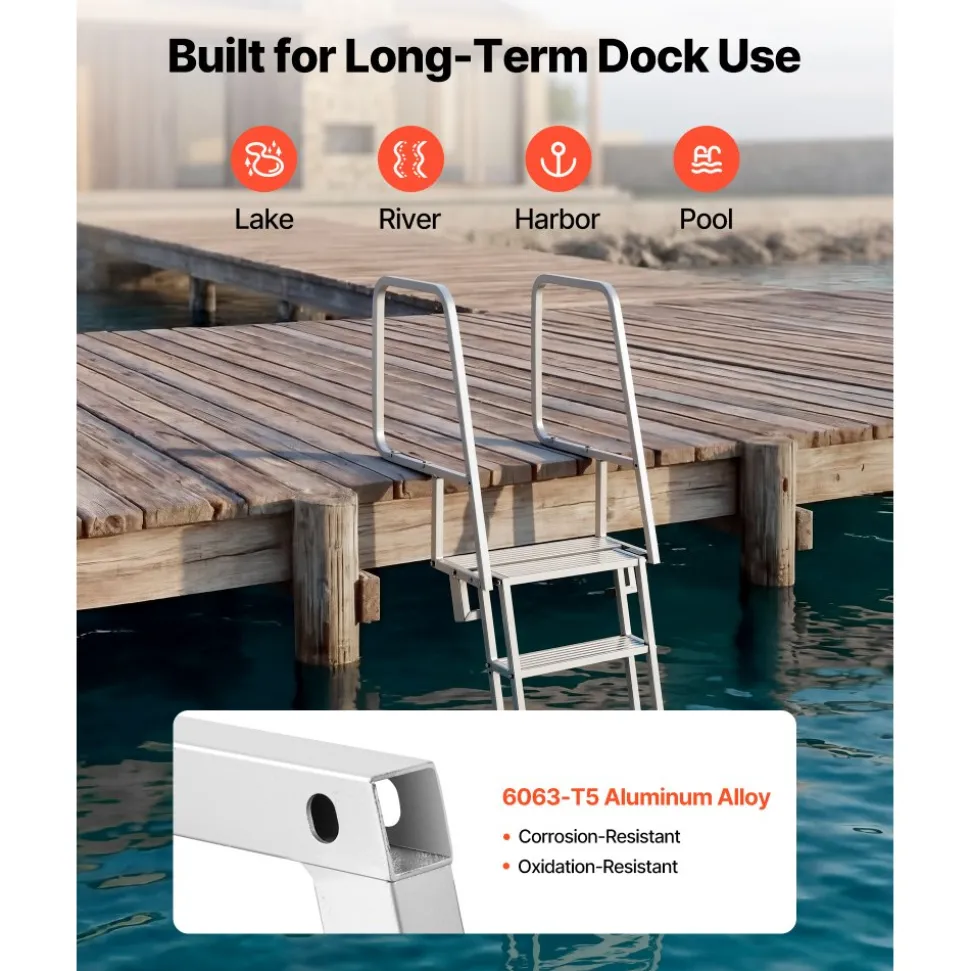 VEVOR Flip-Up Dock Ladder, 5-Step, Heavy-Duty Aluminum Alloy Pontoon Boat Swim Ladder, with Non-Slip Wide Steps, 350 lbs Weight Capacity, Pull Rope Assist, Comfort Use for Lake Pool Marine Boarding