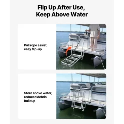 VEVOR Flip-Up Dock Ladder, 5-Step, Heavy-Duty Aluminum Alloy Pontoon Boat Swim Ladder, with Non-Slip Wide Steps, 350 lbs Weight Capacity, Pull Rope Assist, Comfort Use for Lake Pool Marine Boarding