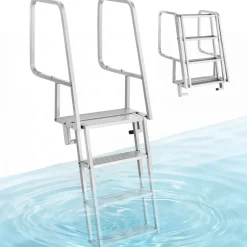 VEVOR Flip-Up Dock Ladder, 5-Step, Heavy-Duty Aluminum Alloy Pontoon Boat Swim Ladder, with Non-Slip Wide Steps, 350 lbs Weight Capacity, Pull Rope Assist, Comfort Use for Lake Pool Marine Boarding