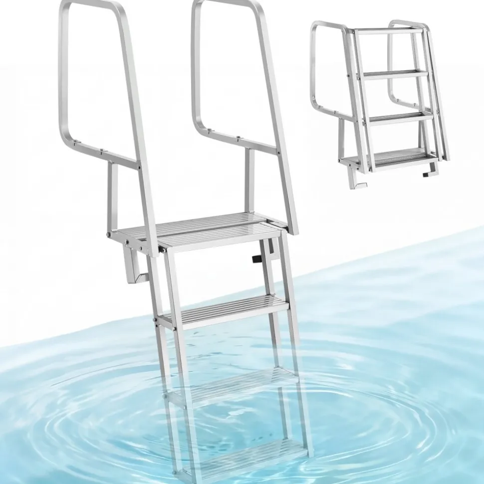 VEVOR Flip-Up Dock Ladder, 5-Step, Heavy-Duty Aluminum Alloy Pontoon Boat Swim Ladder, with Non-Slip Wide Steps, 350 lbs Weight Capacity, Pull Rope Assist, Comfort Use for Lake Pool Marine Boarding