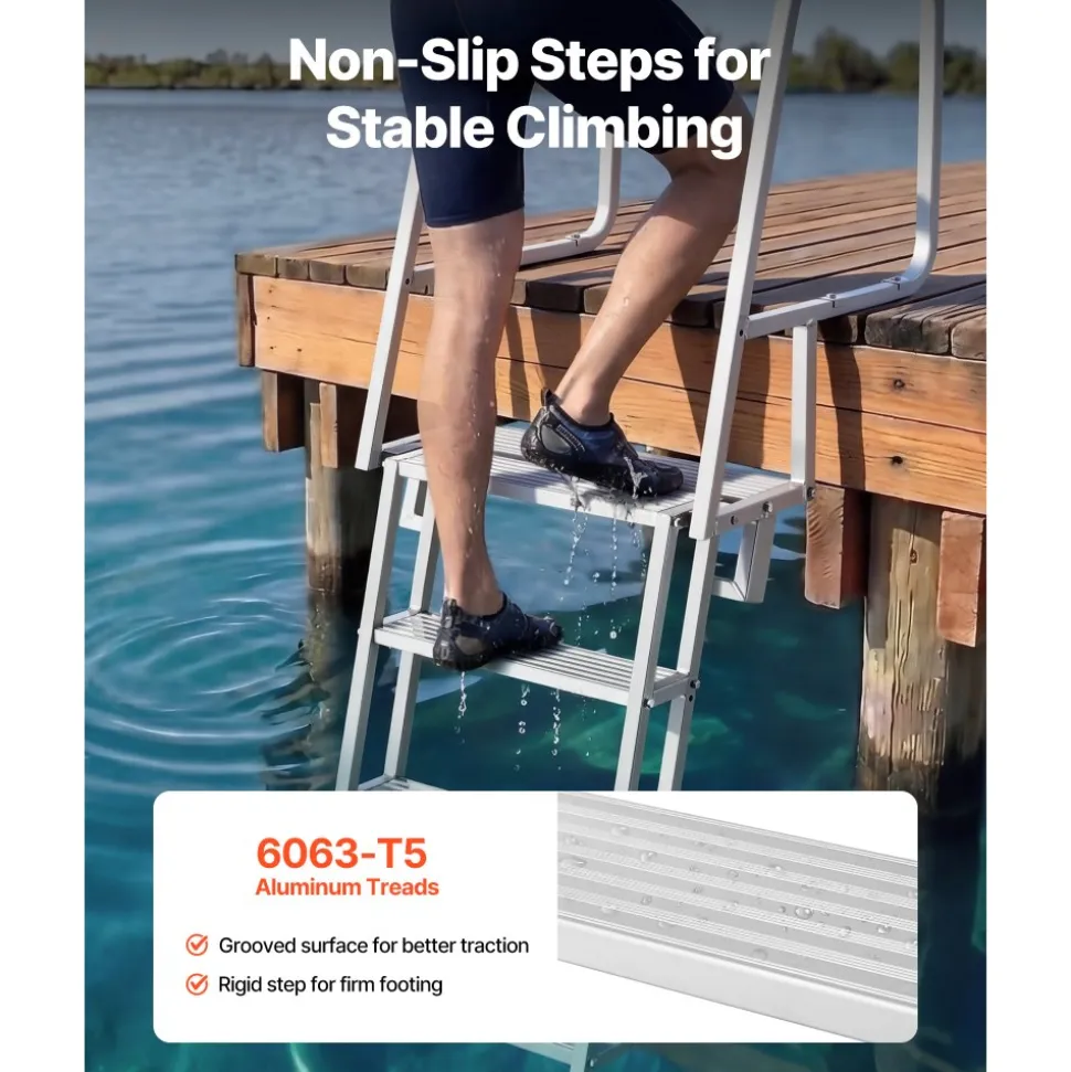 VEVOR Flip-Up Dock Ladder, 5-Step, Heavy-Duty Aluminum Alloy Pontoon Boat Swim Ladder, with Non-Slip Wide Steps, 350 lbs Weight Capacity, Pull Rope Assist, Comfort Use for Lake Pool Marine Boarding
