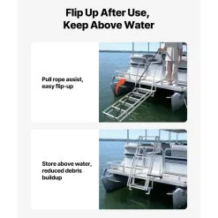 VEVOR Flip-Up Dock Ladder, 6-Step, Heavy-Duty Aluminum Alloy Pontoon Boat Swim Ladder, with Non-Slip Wide Steps, 350 lbs Weight Capacity, Pull Rope Assist, Comfort Use for Lake Pool Marine Boarding