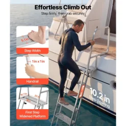 VEVOR Flip-Up Dock Ladder, 6-Step, Heavy-Duty Aluminum Alloy Pontoon Boat Swim Ladder, with Non-Slip Wide Steps, 350 lbs Weight Capacity, Pull Rope Assist, Comfort Use for Lake Pool Marine Boarding
