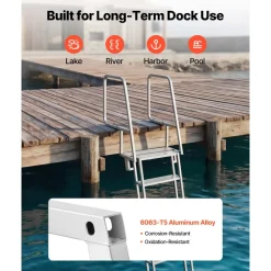 VEVOR Flip-Up Dock Ladder, 6-Step, Heavy-Duty Aluminum Alloy Pontoon Boat Swim Ladder, with Non-Slip Wide Steps, 350 lbs Weight Capacity, Pull Rope Assist, Comfort Use for Lake Pool Marine Boarding