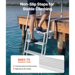 VEVOR Flip-Up Dock Ladder, 6-Step, Heavy-Duty Aluminum Alloy Pontoon Boat Swim Ladder, with Non-Slip Wide Steps, 350 lbs Weight Capacity, Pull Rope Assist, Comfort Use for Lake Pool Marine Boarding