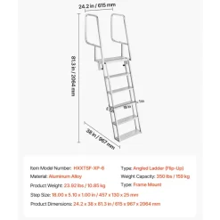 VEVOR Flip-Up Dock Ladder, 6-Step, Heavy-Duty Aluminum Alloy Pontoon Boat Swim Ladder, with Non-Slip Wide Steps, 350 lbs Weight Capacity, Pull Rope Assist, Comfort Use for Lake Pool Marine Boarding