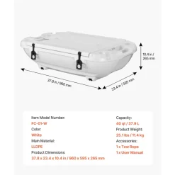 VEVOR Floating Cooler, 40 QT Floating Ice Chest with Dry Storage & Tow Rope, Premium LLDPE Amphibious Drink Cooler for Water & Land, Cruise Smoothly Stable on Lake, River, Pool, Beach, Kayak, White