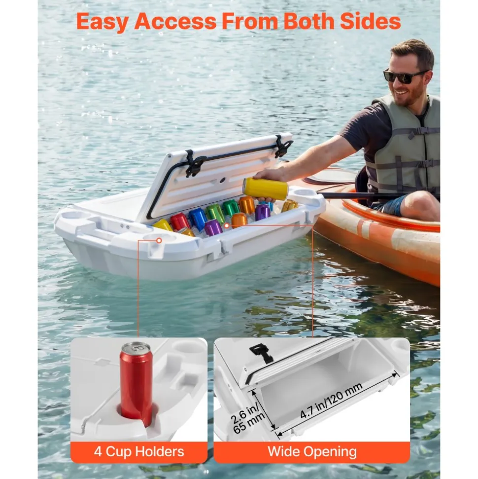 VEVOR Floating Cooler, 40 QT Floating Ice Chest with Dry Storage & Tow Rope, Premium LLDPE Amphibious Drink Cooler for Water & Land, Cruise Smoothly Stable on Lake, River, Pool, Beach, Kayak, White