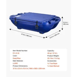 VEVOR Floating Cooler, 40 QT Floating Ice Chest with Dry Storage & Tow Rope, Premium LLDPE Amphibious Drink Cooler for Water & Land, Smooth Stable Cruiser on Lake, River, Pool, Beach, Kayak, Deep Blue
