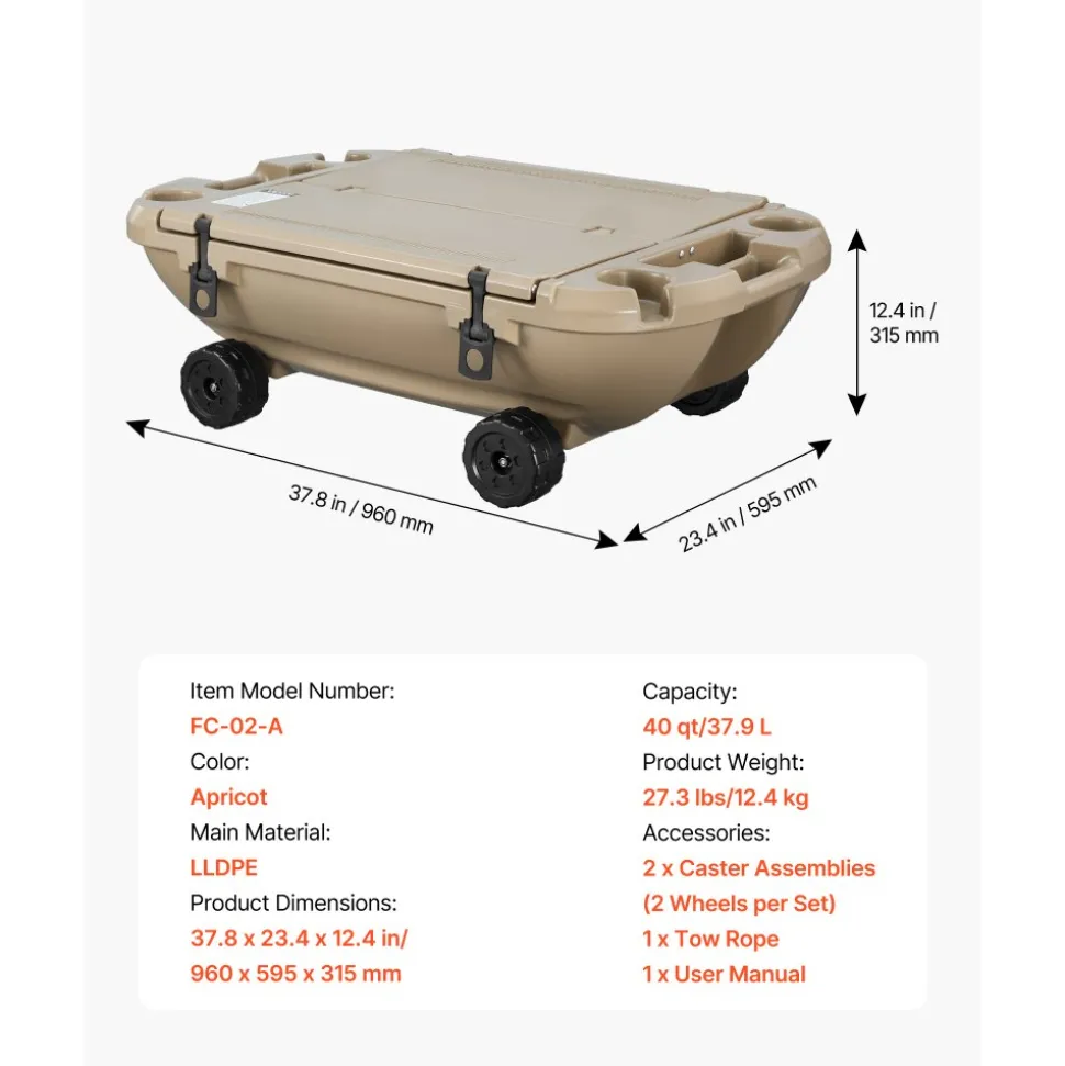 VEVOR Floating Cooler, 40 QT Floating Ice Chest with Dry Storage & Tow Rope, Premium LLDPE Amphibious Drink Cooler for Water & Land, Cruise Smoothly Stable on Lake, River, Pool, Beach, Kayak, Orange