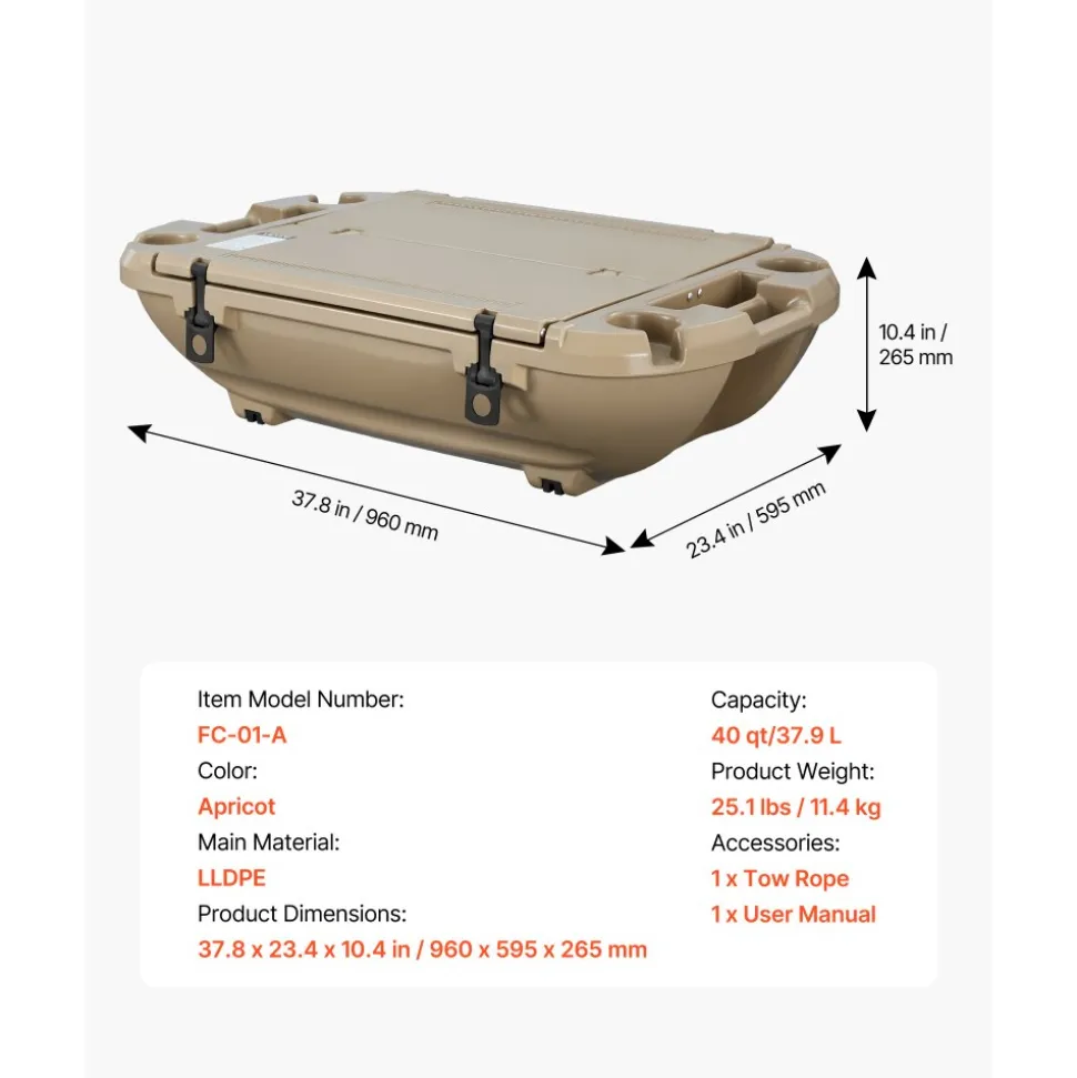 VEVOR Floating Cooler, 40 QT Floating Ice Chest with Dry Storage & Tow Rope, Premium LLDPE Amphibious Drink Cooler for Water & Land, Cruise Smoothly Stable on Lake, River, Pool, Beach, Kayak, Apricot