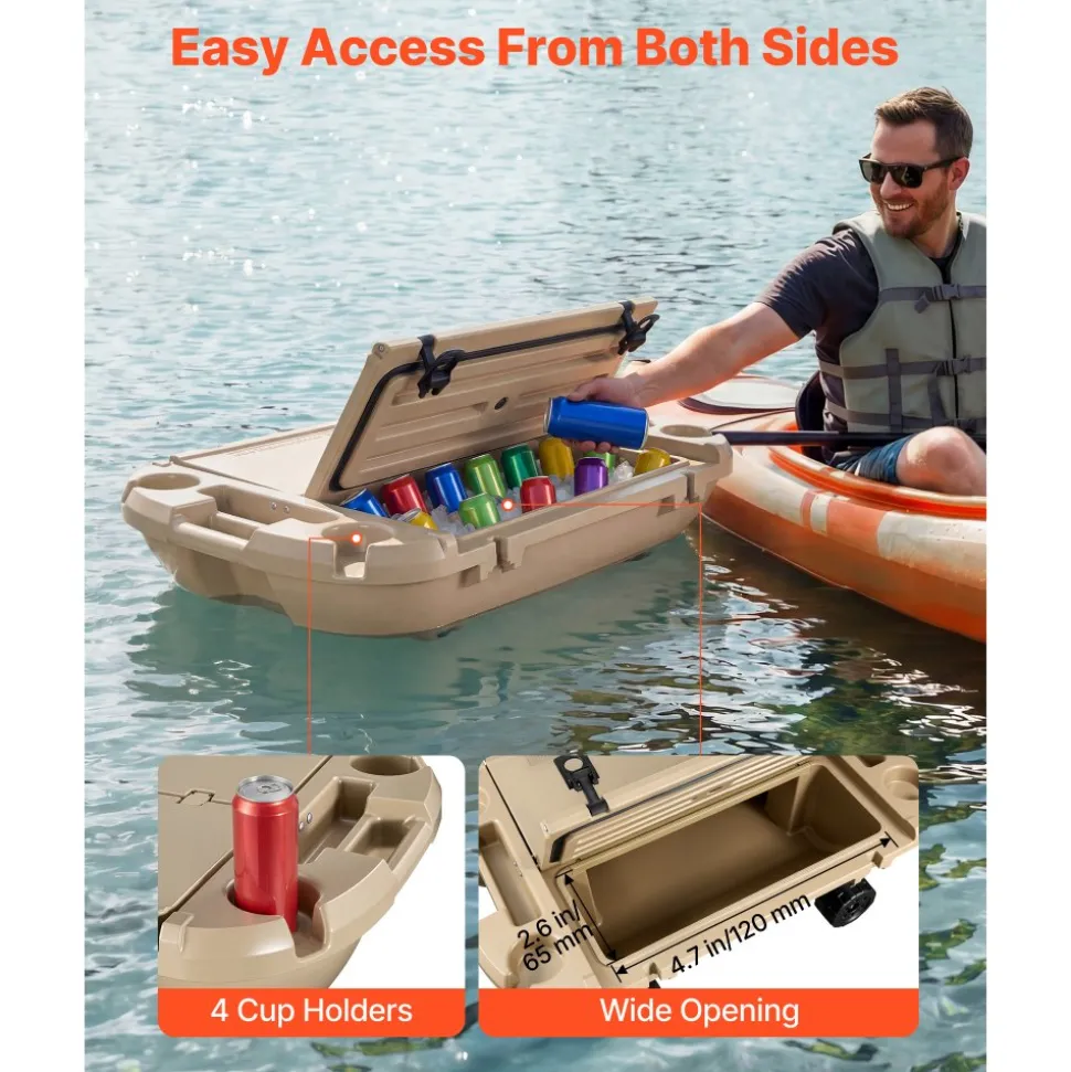 VEVOR Floating Cooler, 40 QT Floating Ice Chest with Dry Storage & Tow Rope, Premium LLDPE Amphibious Drink Cooler for Water & Land, Cruise Smoothly Stable on Lake, River, Pool, Beach, Kayak, Apricot