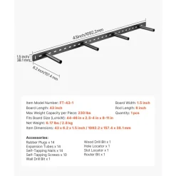 VEVOR Floating Shelf Bracket 1 Pack, 230 lbs/104 kg Weight Capacity, 43x6.2x1.5 inch / 1092.2x157.4x38.1 mm, Heavy Duty Hidden Shelf Brackets Support, Wall Mounting Invisible Floating Shelves Bracket