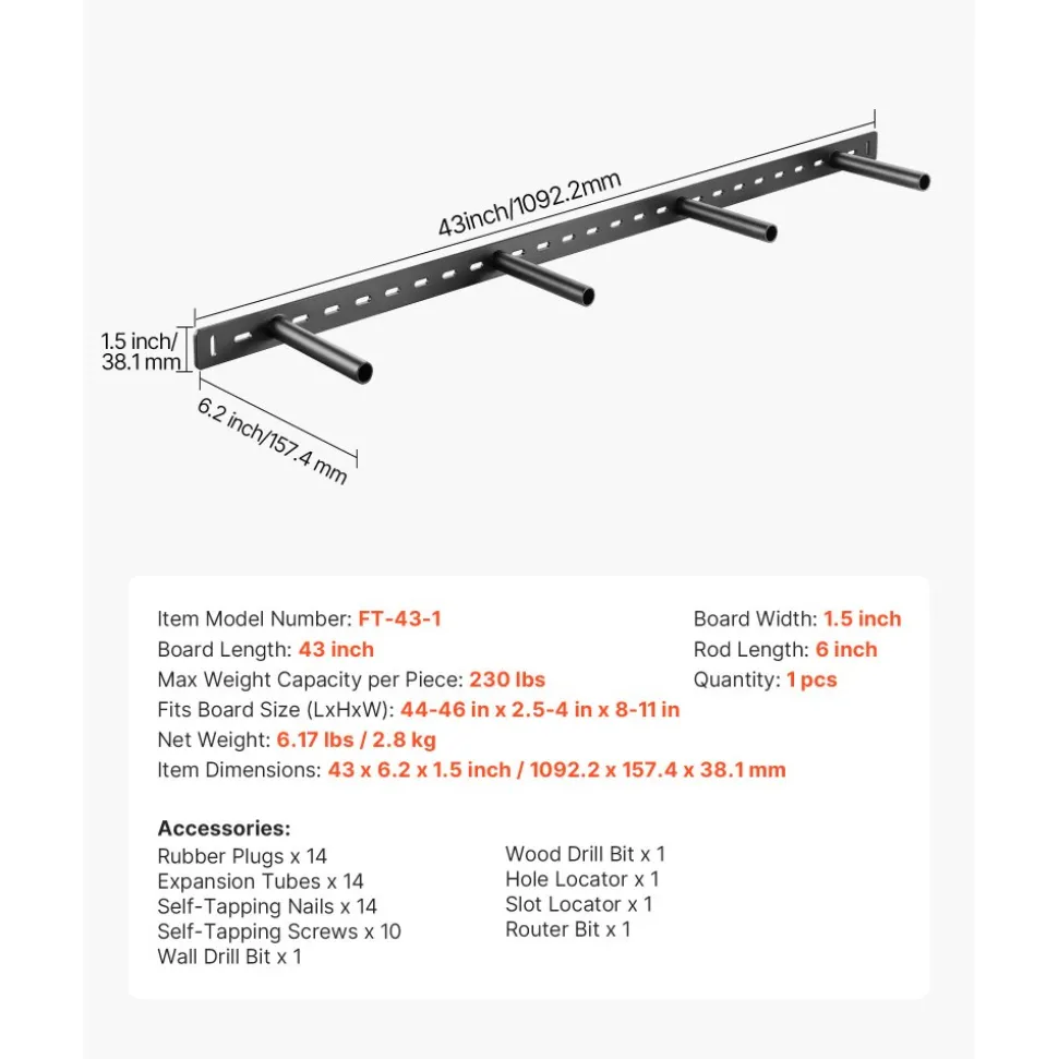 VEVOR Floating Shelf Bracket 1 Pack, 230 lbs/104 kg Weight Capacity, 43x6.2x1.5 inch / 1092.2x157.4x38.1 mm, Heavy Duty Hidden Shelf Brackets Support, Wall Mounting Invisible Floating Shelves Bracket