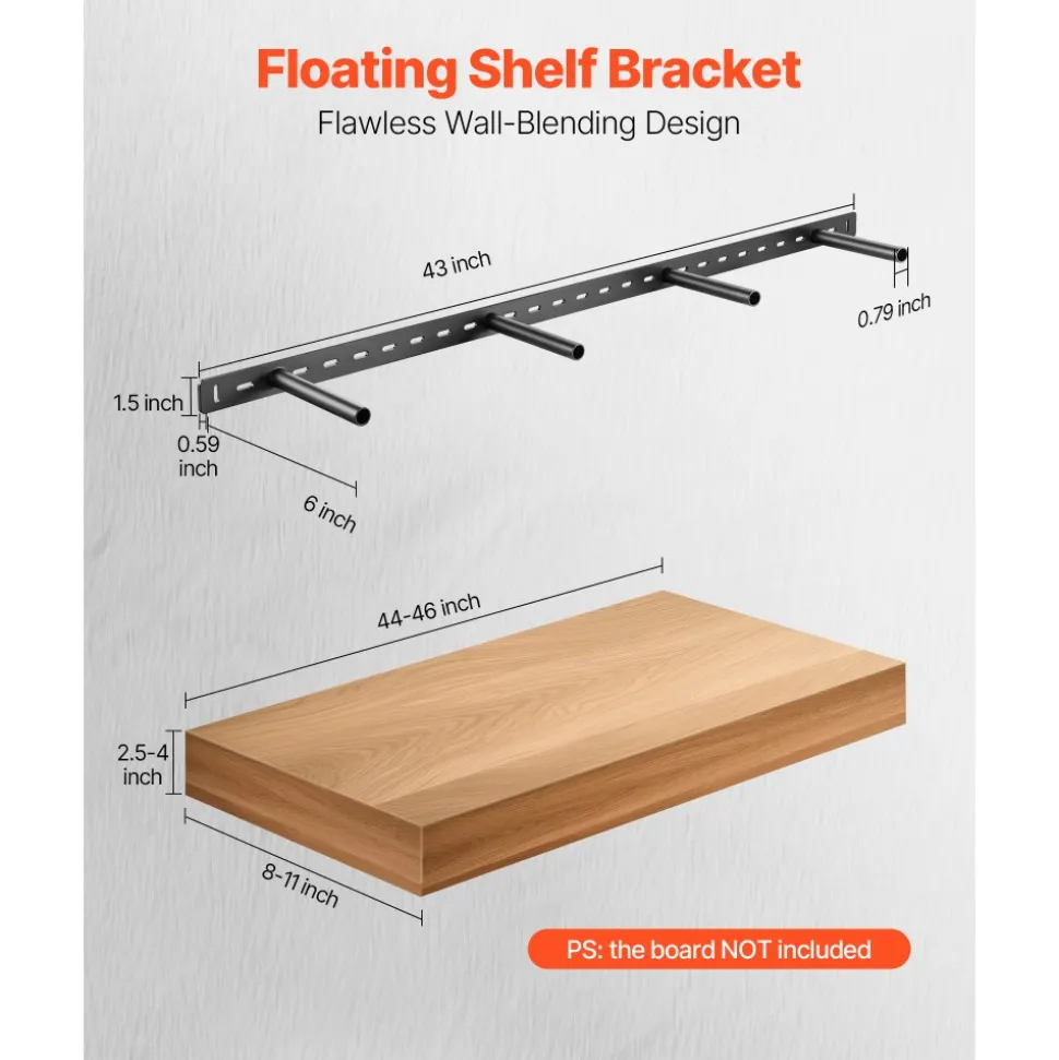 VEVOR Floating Shelf Bracket 1 Pack, 230 lbs/104 kg Weight Capacity, 43x6.2x1.5 inch / 1092.2x157.4x38.1 mm, Heavy Duty Hidden Shelf Brackets Support, Wall Mounting Invisible Floating Shelves Bracket
