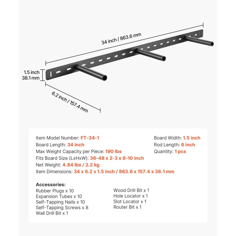 VEVOR Floating Shelf Bracket 1 Pack, 190 lbs/86 kg Weight Capacity, 34x6.2x1.5 inch / 863.6x157.4x38.1 mm, Heavy Duty Hidden Shelf Brackets Support, Wall Mounting Invisible Floating Shelves Bracket