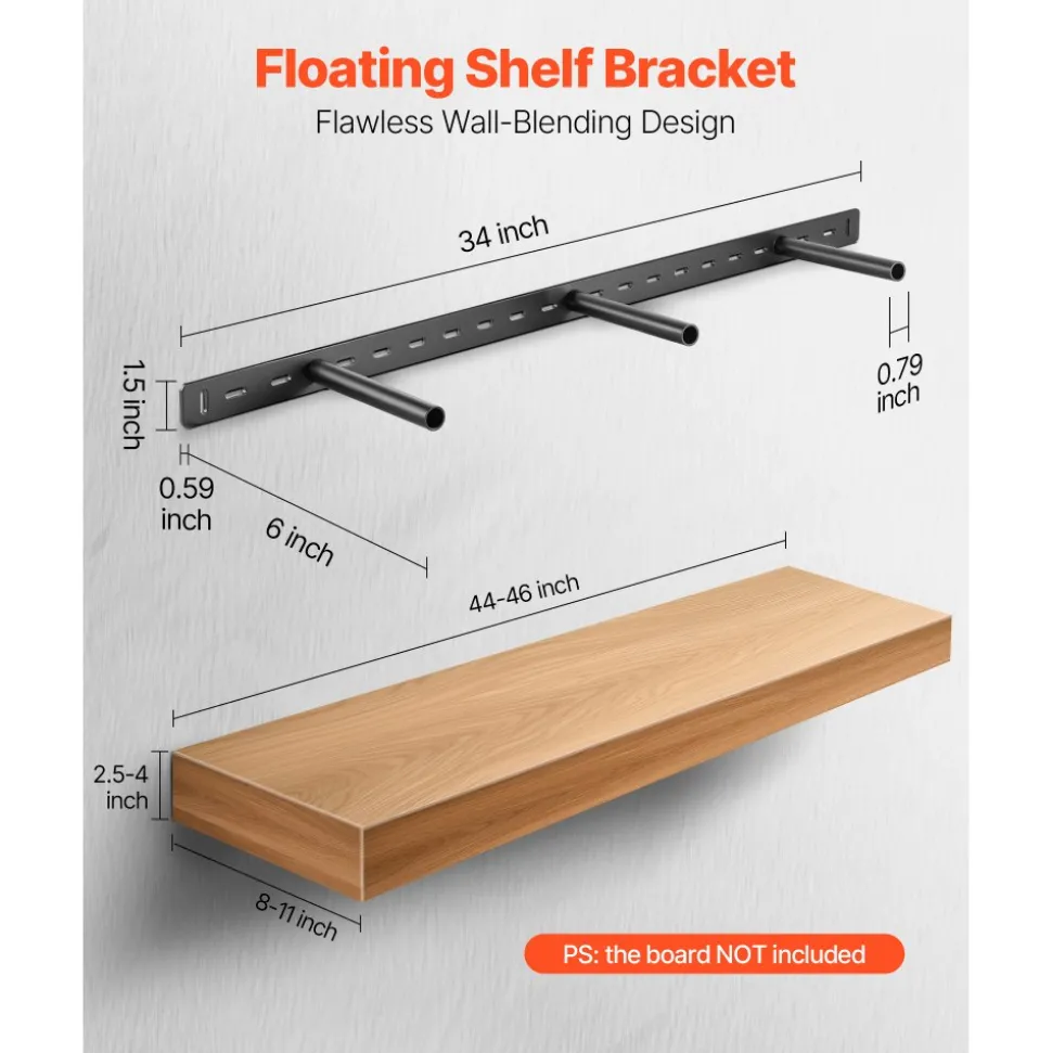 VEVOR Floating Shelf Bracket 1 Pack, 190 lbs/86 kg Weight Capacity, 34x6.2x1.5 inch / 863.6x157.4x38.1 mm, Heavy Duty Hidden Shelf Brackets Support, Wall Mounting Invisible Floating Shelves Bracket