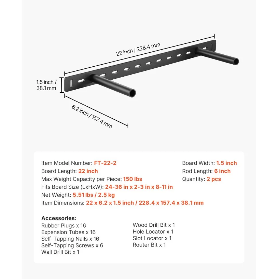 VEVOR Floating Shelf Brackets 2 Pcs, 150 lbs/68 kg Weight Capacity, 22x6.2x1.5 inch / 558.4x157.4x38.1 mm, Heavy Duty Hidden Shelf Brackets Support, Wall Mounting Invisible Floating Shelves Bracket