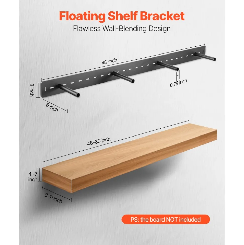 VEVOR Floating Shelf Bracket 1 Pack, 230 lbs/104 kg Weight Capacity, 46x6.2x3 inch / 1168.4x157.4x76.2 mm, Heavy Duty Hidden Shelf Brackets Support, Wall Mounting Invisible Floating Shelves Bracket