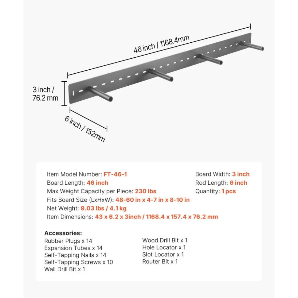 VEVOR Floating Shelf Bracket 1 Pack, 230 lbs/104 kg Weight Capacity, 46x6.2x3 inch / 1168.4x157.4x76.2 mm, Heavy Duty Hidden Shelf Brackets Support, Wall Mounting Invisible Floating Shelves Bracket