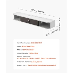 VEVOR Floating TV Stand, 47 in Wall Mount Entertainment Center with Cable Hole, Modern Floating TV Shelf with Storage Cabinet, Particle Board Console for DVD Player, Cable Box, Game Console, White